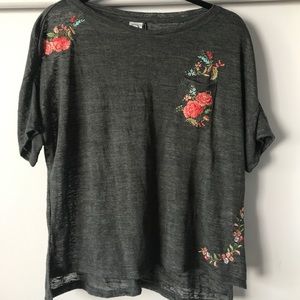 Anthro Forrest Green Top with Floral Embroideries